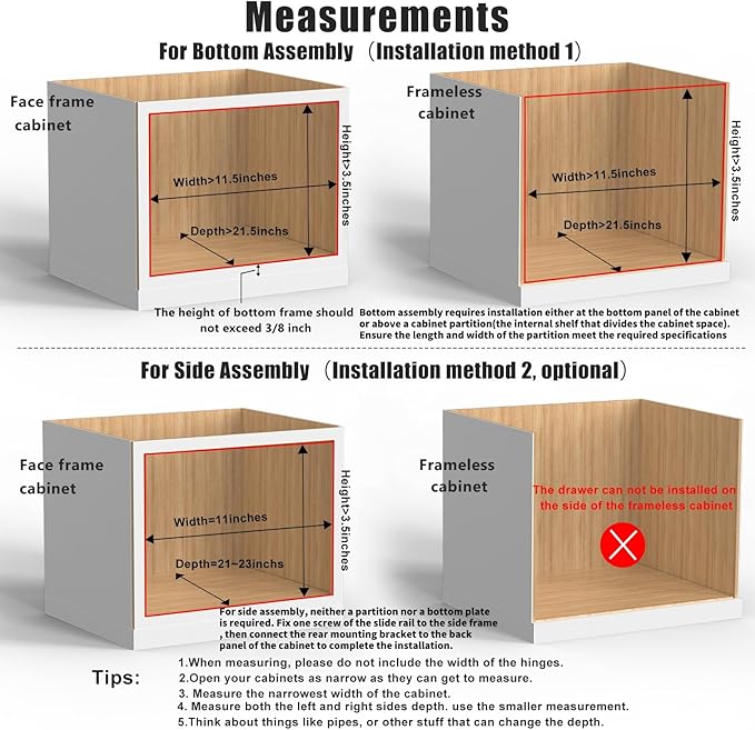 10”W x 21”D x 3”H Soft Close Slide Out Wood Drawer Organizer for Kitchen, (Cabinet Opening>11.5 inches for Bottom Assembly, Opening= 11 inches for Side Assembly)