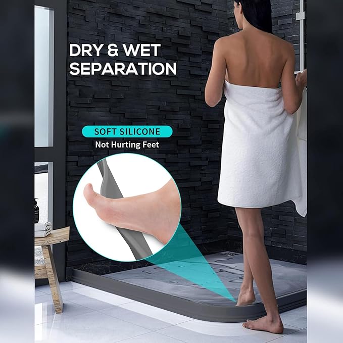 Hi-Na 3ft/5ft/6ft/8ft10ft Collapsible Shower Threshold Water Dam Water Barrier for Shower and Water Stopper Keeps Water Inside Water Threshold for Wet and Dry Separation (8ft, Grey)