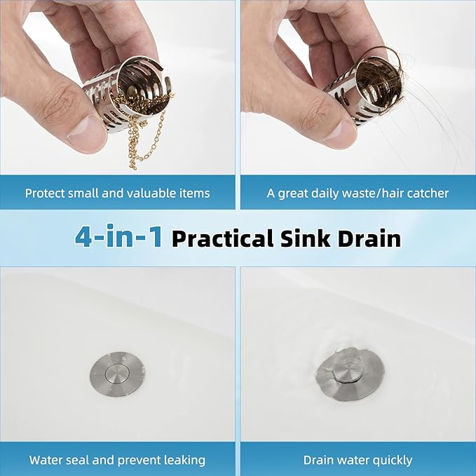 Universal Metal Bathroom Sink Drain Strainer Hair Catcher Upgraded 3 in 1 Pop-up Sink Stopper, with Detachable Stainless Steel Filter Basket, Fit for Standard 1.1''~2.36'' Basin Hole, Brushed Nickle