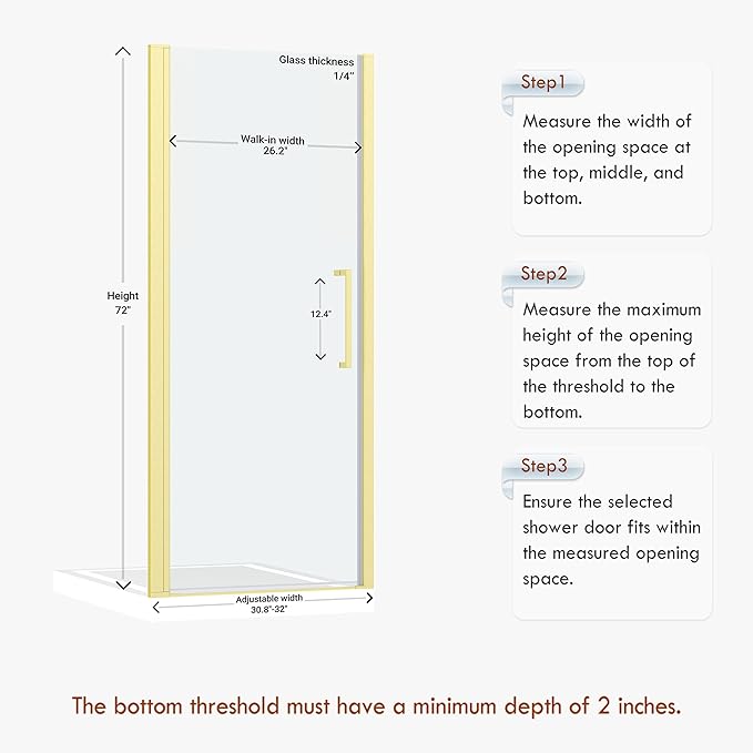 Frameless Pivot Shower Door 30.8-32" W X 72" H, 1/4" (6mm) Clear SGCC Tempered Glass, Hinged Pivot Swing Shower Door, Reversible Installation, Easy to Clean, Brushed Gold
