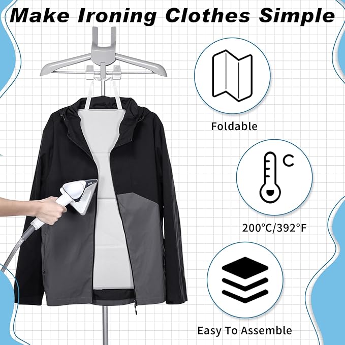LemonRoad 3 Pcs Foldable Steam Board Set Steaming Clothes Steamer Pad Hanging Ironing Clothes Board Steamer for Clothing Iron Pad Adjustable Standing Garment Hanger Household Products, Grey