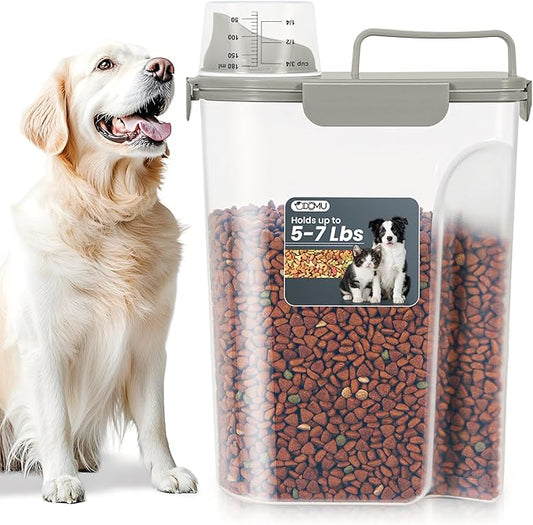 5-7LBS Upgraded Large Nozzle Cat Dog Food Storage Container BPA-free, Airtight Pet Food Storage Bin with 4 Lock Buckles, Sealing Gasket, Cup for Pet Food, Dog Treats, Rice, Flour, Dry-Crey