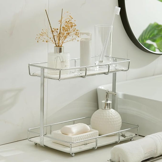 Bathroom Organizer Countertop Perfume Organizer Makeup Organizer Cosmetics Storage Display Rack Vanity Tray Dresser Stainless Steel Gold Shelf White Marble Ceramic Tray (2 Tier L-Sliver) | Perfume Organizer, Makeup Organizer, Cosmetics Storage, Vanity ...