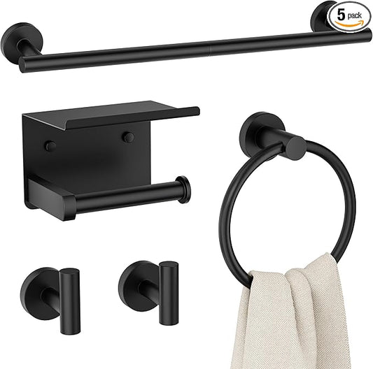 FORIOUS Bathroom Hardware Accessories Set, SUS304 Stainless Steel Towel Bar Set, Modern Towel Racks Holder for Bathroom, Toilet Paper Holder Wall Mounted 5 Pieces(24" Bar, Matte Black)