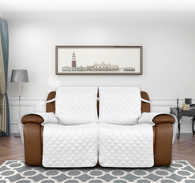 Easy-Going Oversized Loveseat Recliner Cover, Reversible Couch Cover for Double Recliner, Split Sofa Cover for Each Seat with Elastic Straps for Kids, Dogs, Pets(Oversized 2 Seater, White/White)