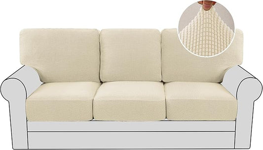 H.VERSAILTEX Multi-Pieces Couch Covers for 3 Cushion Sofa High Stretch Couch Cushion Covers Jacquard Textured Twill Fabric(3 Seat Covers Plus 3 Back Cushion Covers, Natural)