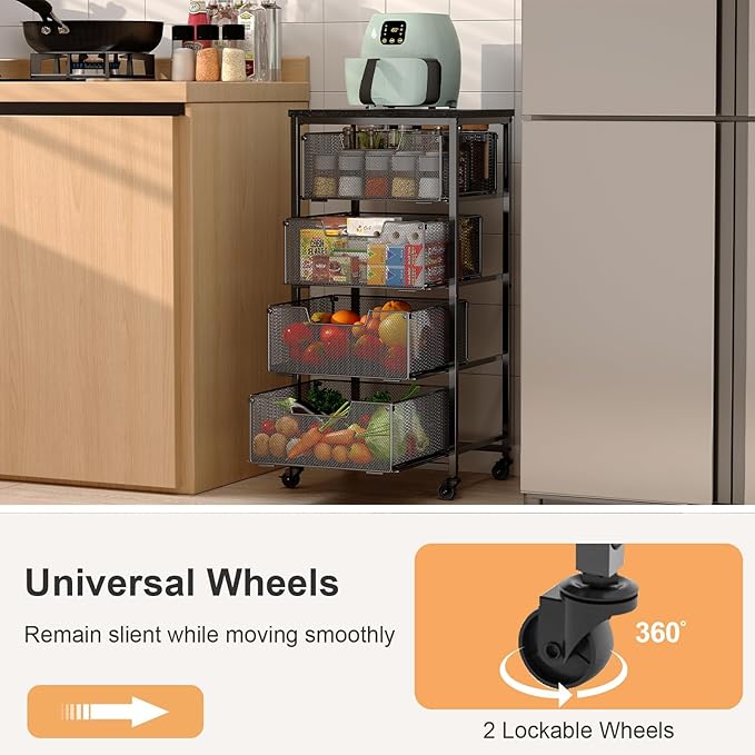 4-Tier Fruit Vegetable Storage Cart with Wheels, Wooden Top, Metal Wire Pull-Out Baskets for Kitchen Pantry, Cans and Snacks Organizer