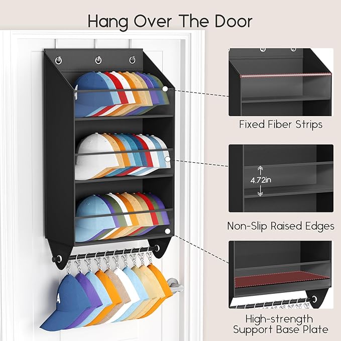 Over the Door Hat Rack - 3-Layer Design Hat Organizer Holds 30-36 Hats with 10 Hooks, Ideal Hat Rack for Door, Over the Door Organizer for Closet, Apartment, Bedroom, Dorm, 1 Pack, Black