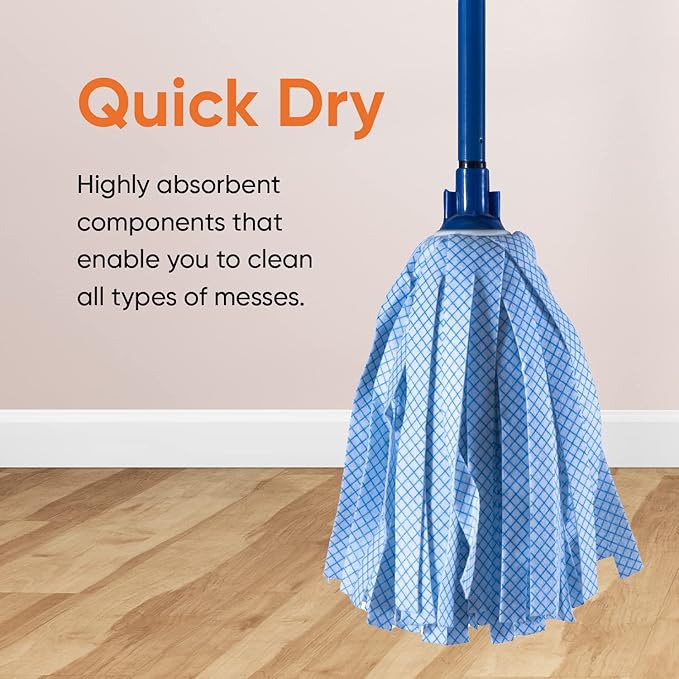 Superio String Mop Cotton Mop for Hardwood Floor Cleaning Self Wringing Mop for Home, Kitchen, Bath, Office Cleaning, Blue Heavy Duty Mop Commercial/Industrial, Aluminum Handle