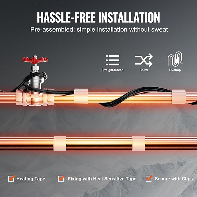 VEVOR Self-Regulating Pipe Heating Cable, 30FT 5W/FT Heat Tape for Pipes, Roof Snow Melting De-icing, Gutter and Pipe Freeze Protection