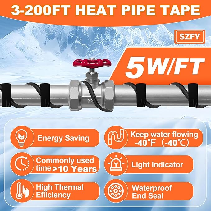 24FT Heat Tape for Water Pipes, -40°F Deicing Cable,Pipe Heating Cables for Roof,Gutter，Farm，Freeze Protetion Heat Trace Cable, Heated Water Hose,Plumbing Fixtures,120V 5W/FT