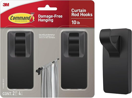 Command 10 lb Matte Black Curtain Rod Hooks, 2 Hooks and 4 Strips, No Drilling Home Decor and Room Decor, Use with Rod Diameters 0.5-0.75" | 10 lb, 4 Command Strips, Damage Free, Curtain Rods Hangers, Home and Room Decor