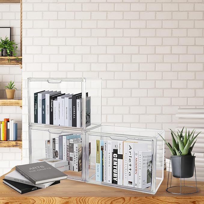 2 PACK Clear Book Storage Organizer Stackable Acrylic Book Display Box with Magnetic Door for Bookshelf Easy Assemble Bookcase Containers Display case for Comics Toys Handbags Shoes Purses