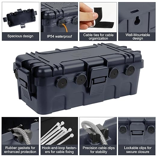 Medium Outdoor Electrical Box (11.6x5.2x4.1 inch), IP54 Waterproof Extension Cord Cover w/ 6 Cable Entry, Weatherproof Connection Box for Power Strip, Plug, Timer, Holiday Lights, Gray
