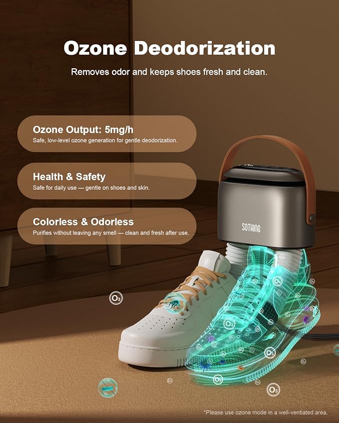 SOTHING Boot Dryer, Portable Shoe Dryer for Sneakers, Ozone Deodorizer, Retractable Hoses, 95W Rapid Drying, 3 Heat Levels, LED Touch Panel, 1–9H Timer, for Work Boots, Soccer Cleats, Gloves, Purple