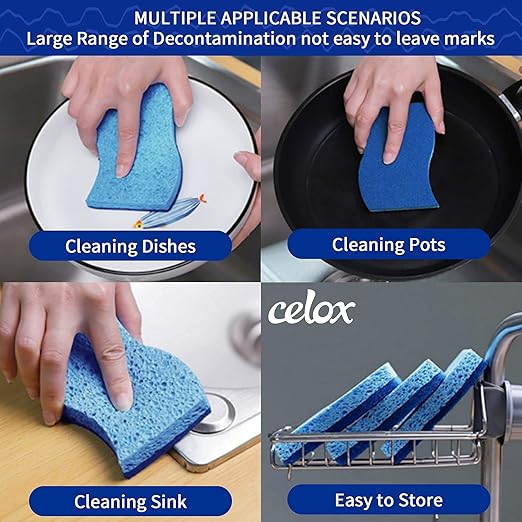 CELOX 12 Pack Sponges for Kitchen, Dual Sided Scrub Heavy Duty and Dish Scrub Brush with Soap Dispense