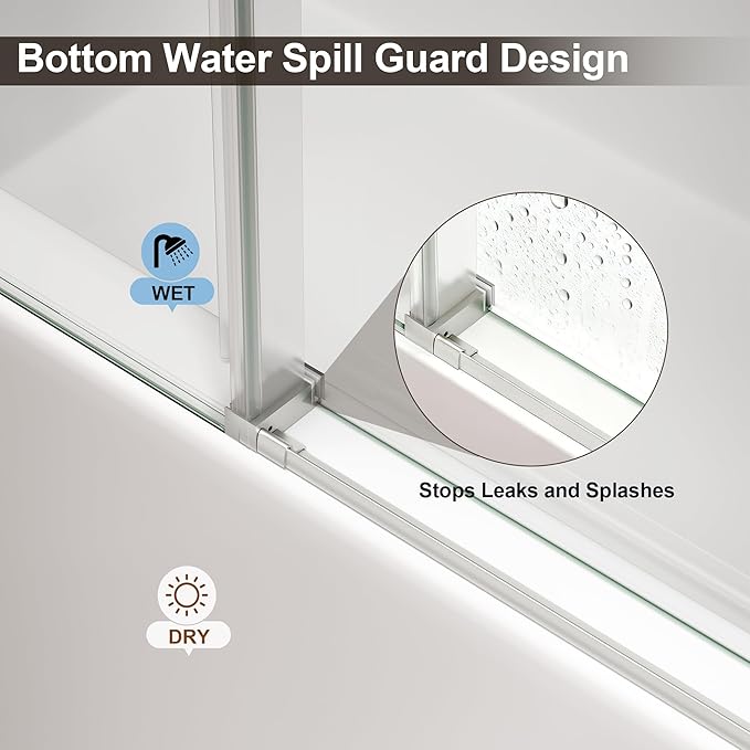 Frameless Bathtub Shower Door, Tub Sliding Door with Nano Coating & Safety Film, 1/4" (6mm) SGCC Tempered Glass，Adjustable 55"-60" W x 60" H, Brushed Nickel