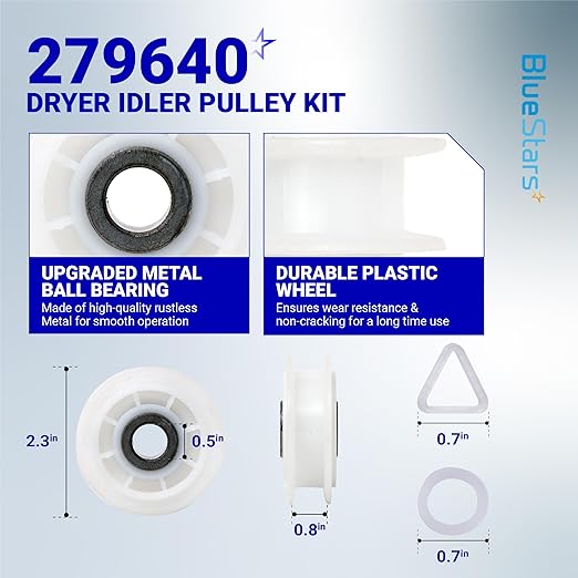 BlueStars 661570V 661570 & 279640 & W10837240 Dryer Drum Belt Idler Pulley and Pulley Kit - Compatible with Whirlpool Maytag Kenmore Dryers WED9200SQ0 WED5600XW0 WED9200SQ0 GEW9250PW1