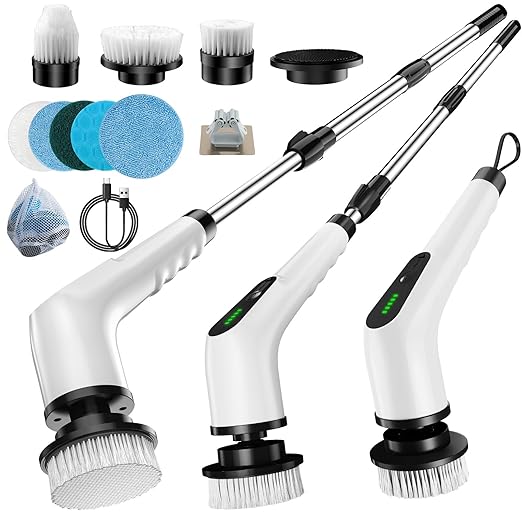 Electric Spin Scrubber, Cordless Cleaning Brush with 8 Replaceable Brush Heads, Shower Scrubber with Adjustable Extension Handle, Waterproof Power Scrubber for Bathroom Tile Floor Tub Car Walls