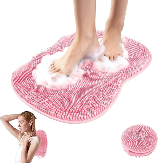Bath Shower Foot Scrubber Mat - Silicone Shower Foot Scrubber Mat (XL) Cleaner Foot Toes Clean Pad Without Bending Non-Slip Suction Cups Bathroom mat 17.2 * 13 inch - Pink