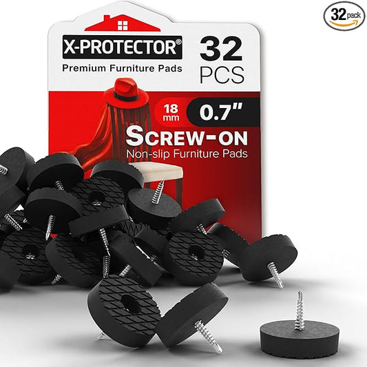 X-Protector Screw On Rubber Feet - 32 PCS 0.7" - Premium Non Slip Furniture Pads - Anti Skid Pads for Furniture Feet - Chair Leg Protectors - Furniture Grippers for All Surfaces - Protect Any Floors!