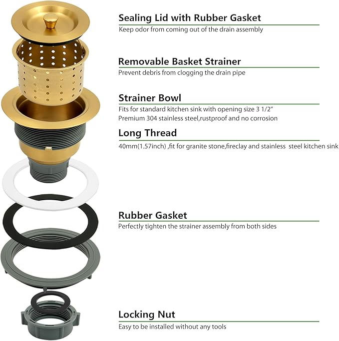 Gold Kitchen Sink Drain Assembly,Gold Sink Strainer with Removable Deep Waste Basket,Fit for Kitchen Sinks with Opening Size 3 1/2"
