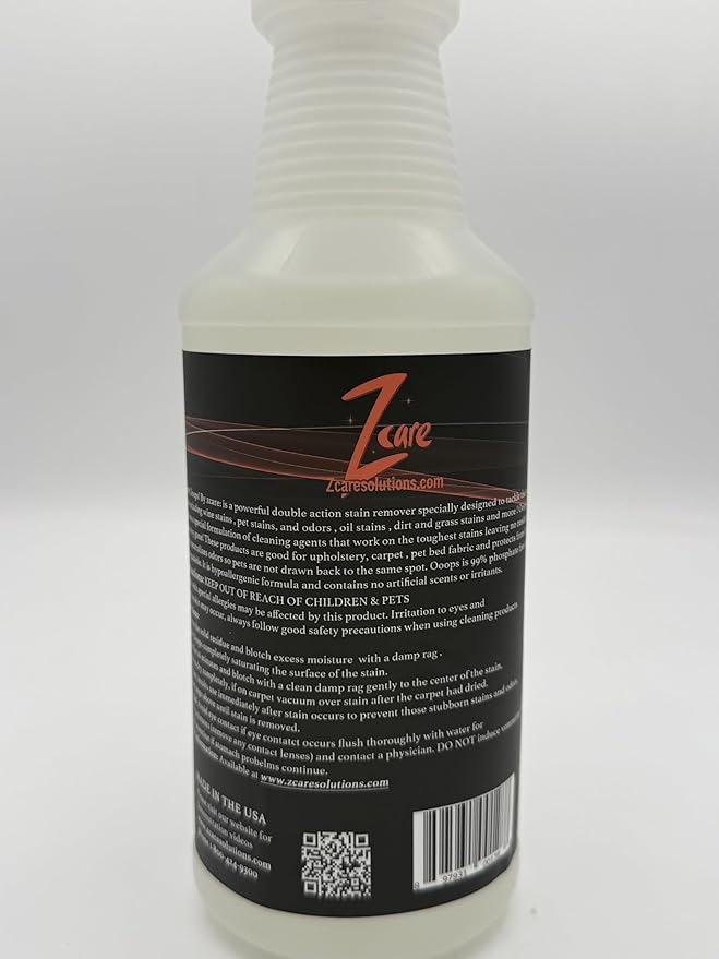 Z care Ooops Stain & Odor Remover (32 oz) – Multi-Surface Low VOC Cleaner for Wine, Pet, and Food Stains | Biodegradable, Fresh Scent, Non-Toxic, Safe for Home & Auto Use