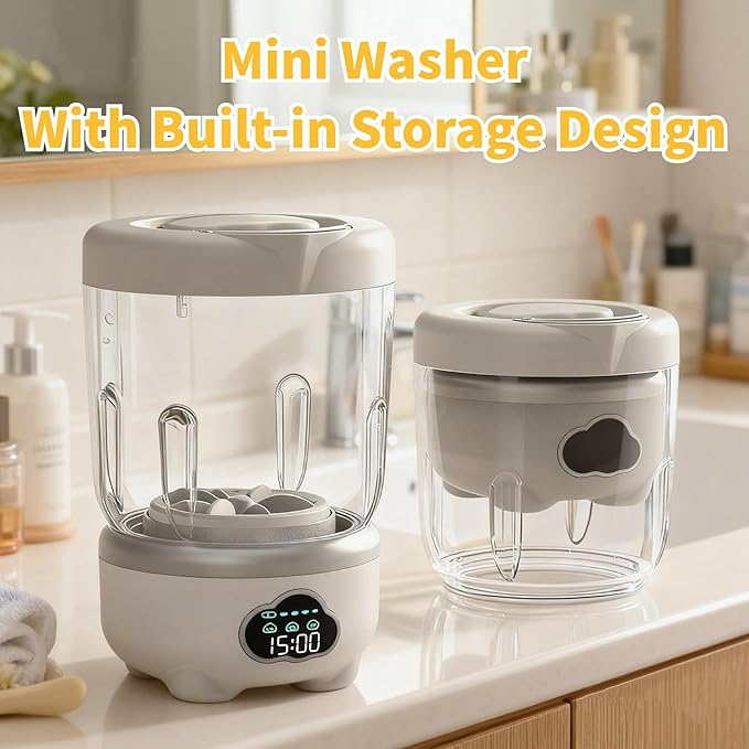 Portable Washing Machine, 6000mAh Underwear Washing Machine, 1.6L Cordless Mini Washer, 3 Cleaning Modes Laundry Machine, Built-in Storage Design for Apartment, Hotel, Dorm, RV, Home (White)