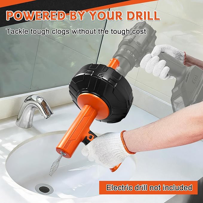 45 FT Drain Snake Tools, Manual Or Powered Double Mode Auto Retract Drain Drain Auger with Drill Attachment, plumbing snake for Sink、 Drain Unblocking、Toilet、Shower、Kitchen、Sink