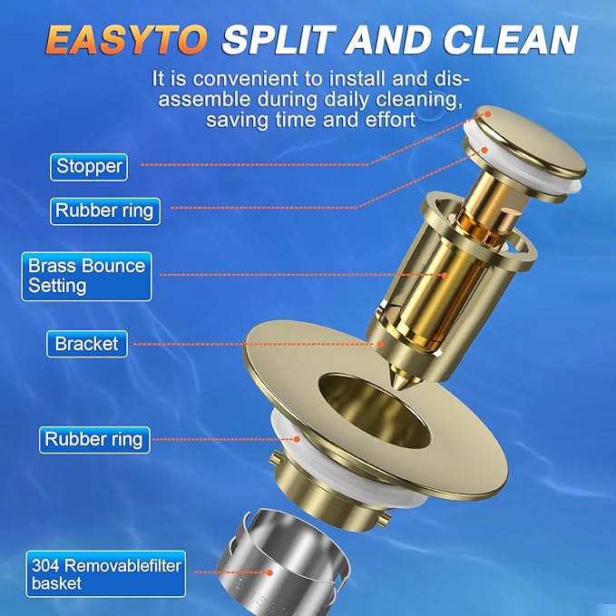 Sink Stopper Hair Catcher, Pop-up Sink Drain Strainer with Removable Stainless Steel Strainer Basket Hair Catcher, Bathroom Sink Strainer for Bathroom Sink Stopper Replacement(Brushed Gold-2PCS)