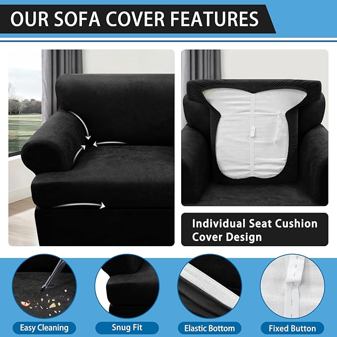 2-Pieces T Cushion Armchair Slipcovers Leather Look Couch Cover Chair Covers Stretch Furniture Protector Sofa Cover with 1 Individual T Cushion Seat Cover Slipcover Sets Washable, Black