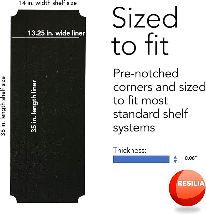 RESILIA Shelf Liner Set for Wire Shelving Rack – 5 Pack, 14 Inch Long x 36 Inch Wide, Black Plastic Vinyl Covers for Kitchen, Pantry, & Garage Racks, Made in The USA