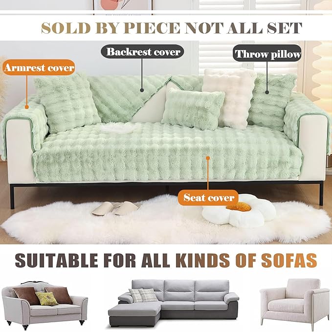 Soft Warm Faux Fur Couch Sofa Cover Thick Shaggy Fuzzy Sectional Couch Cover Non-Slip Solid Color Plush Sofa Slipcover Furniture Protector for Kids, Pets (Light Green,36"x82")