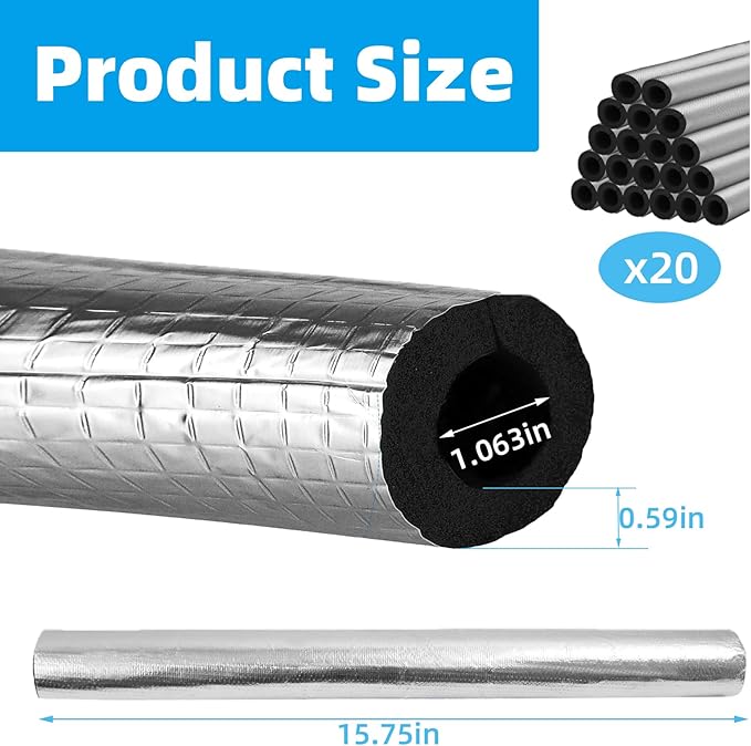 20 Pack 1 Inch Pipe Insulation Foam Tube Self Adhesive Foam Pipe Covers Insulation Wrap for Spigot Winter Outside Pipes Sprinkler Water Heater Pipes Freeze Protection