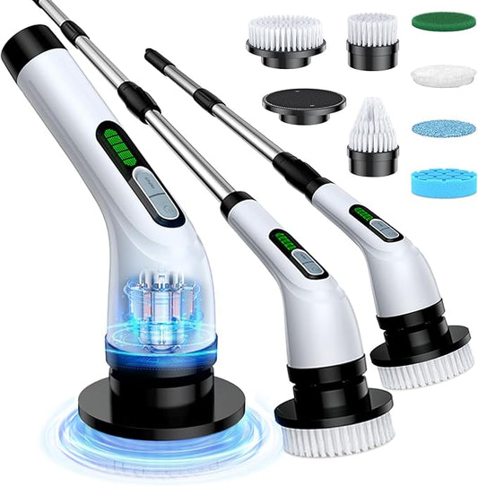 Electric Spin Scrubber, Powerful 2-Speed Cleaning Brush, IPX7 Waterproof with 7 Reusable Brush Heads & Extendable Handle, for Bathroom Toilet Shower Kitchen Wall Tile Floor Grout (White)