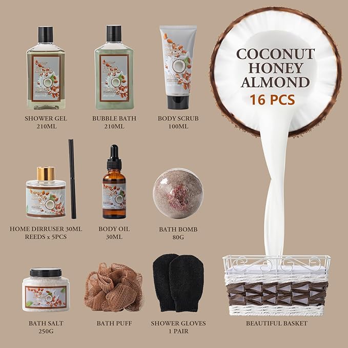 Valentines Day Gifts Coconut Almond spa kit, Bath and Body Gift Basket for Women & Men Spa Gift Basket,16 Pcs Bath Gift Set With Fragrant Lotion, Home Spa Luxurious Body Oil, Diffuser & More