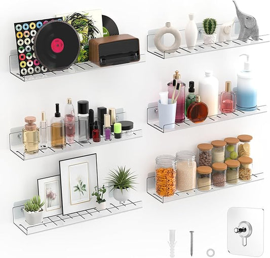 6 Pack Floating Shelves - Clear Acrylic/PET Wall Mounted Non-Drilling Storage Rack with Adhesive, Invisible Bathroom and Bedroom Shelves for Kitchen, Living Room, Clear Decoration