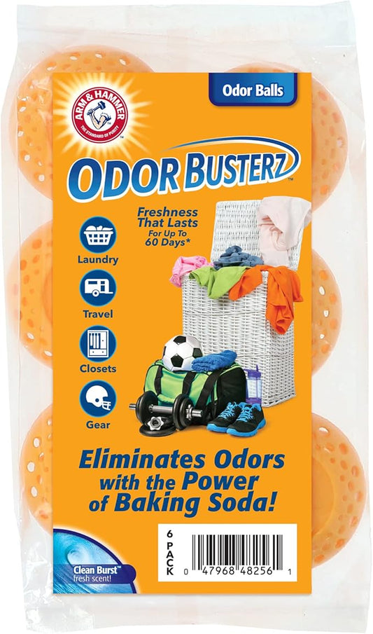 Arm & Hammer OdorBusterz® Odor Eliminator Balls, Clean Burst, 6 Count – Baking Soda Odor Control for Closets, Drawers, Hampers & Small Spaces