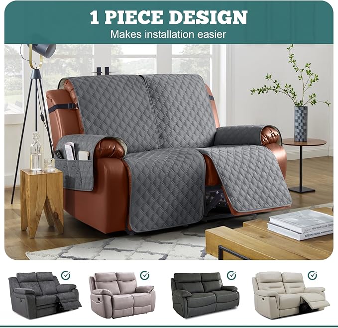 Ruaozz Waterproof Recliner Sofa Covers, 1-Piece Reclining Couch Covers Non-Slip Sofa Slipcover Washable Furniture Protector with Elastic Straps Pocket for Kids Pets (Dark Grey, XL 2 Seater)
