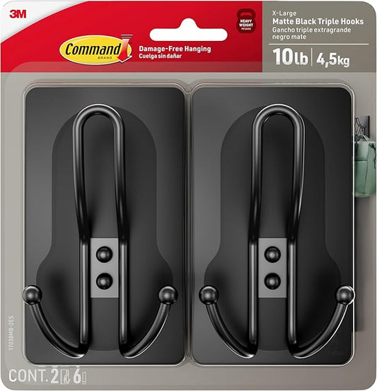 Command X-Large Matte Black Triple Hook, 2 Hooks, 6 Strips, Damage-Free Hanging with Adhesive Strips, No Tools Wall Hook for Hanging Decorations in Living Spaces