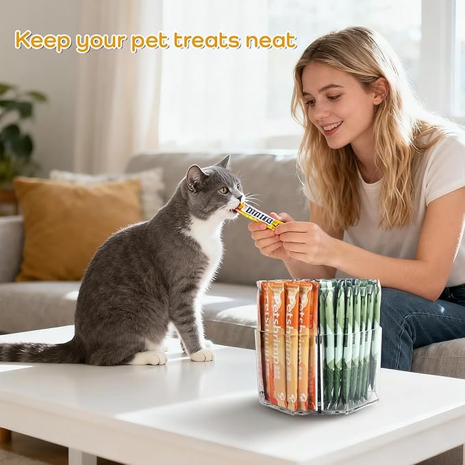 Lickable Cat Treats Organizer, Lazy susan Acrylic Squeeze Up Cat Food Storage Container, Essential storage for pet treats, Wet Cat Treats Storage for Kitchen Cabinet Pantry Shelf Countertop(Rhombus)