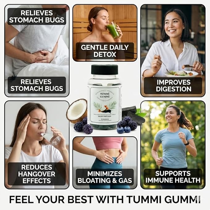 Activated Organic Charcoal Gummies, Charcoal Gummy for Kids and Adults, Digestive Health, Gas and Bloat Relief, Detox, Natural Berry Flavor, 60 Count
