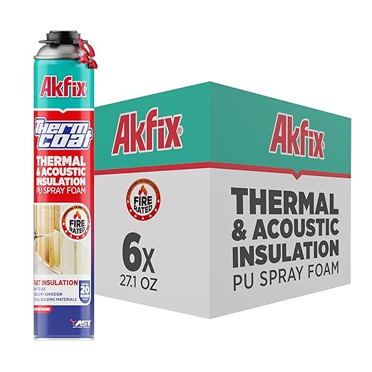 Akfix Thermcoat Fire Rated Spray Foam Insulation 120 sq ft (6x27.1 oz) - (R-Value 11.32/2 inch) Closed Cell Expanding Wide Sealant Thermal Insulation for Walls and Attic - Gun&Cleaner NOT Included
