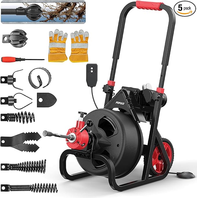 POPULO Drain Cleaner Machine 100Ft x 3/8 Inch, Auto feed Sewer Snake Auger on Wheels, Electric Drain Auger Professional for 1.5 to 3 Inch Pipes & Foot Switch with 8 Cutters