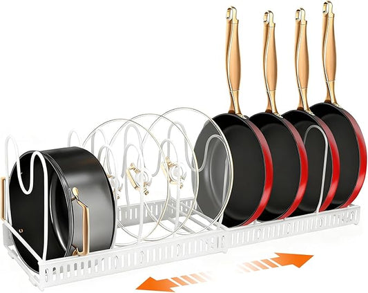 Expandable Pots and Pans Organizer Rack for Under-Cabinet Storage - Adjustable Kitchen Cabinet Organizer with 13 Dividers, Cutting Board Holder & 6 Non-Slip Silicone Pads-White