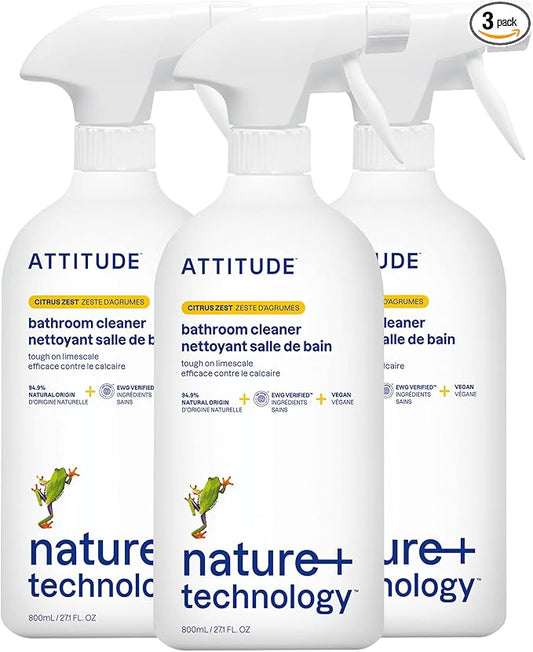 ATTITUDE Bathroom Cleaner Spray, EWG Verified, Plant-Based & Vegan, Safe for Bathroom Surfaces, Tiles, Tubs, Shower Walls, and Grout, Citrus Zest Scent, 27.1 Fl Oz (Pack of 3)