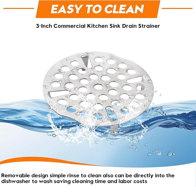 3-Inch Commercial Kitchen Sink Drain Strainer, Stainless Steel Flat Strainer, Replaces Twisted Waste Water Drain on 3-Compartment Sinks (3-Pack)