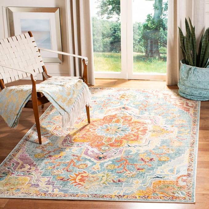 SAFAVIEH Crystal Collection Accent Rug - 4' x 6', Orange & Teal, Medallion Distressed Design, Non-Shedding & Easy Care, Ideal for High Traffic Areas in Entryway, Living Room, Bedroom (CRS501K)