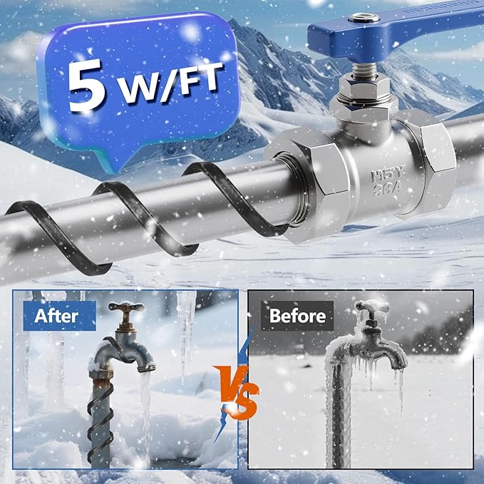 80FT（3FT-200FT） Pipe Heating Cable for Pipe Freeze Protection, Heat Cable for Water Pipes(Metal and Plastic), Pipe Heat Tape Keeps Water Flowing at -40°F 5w/ft, 120V Plumbing fixture