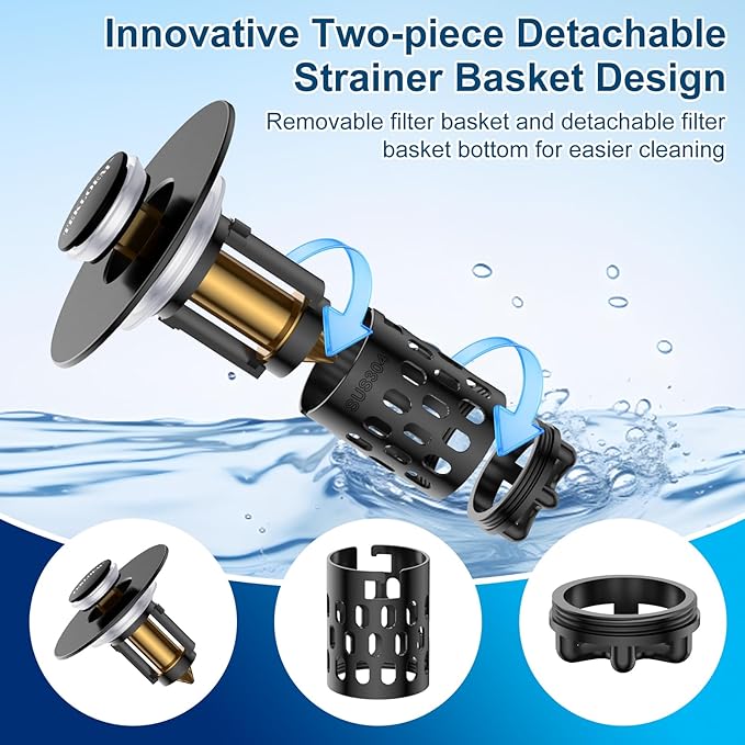 Bathroom Sink Stopper,All Metal Pop-Up Sink Drain Strainer with Removable Stainless Steel Filter Basket, Universal Bathroom Hair Catcher Fit for 1.1-2.36'' Drain (Black, 2 Pack)